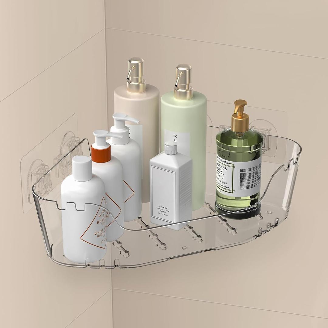 Acrylic Corner Shower Caddy, Strong Adhesive Shower Organizer Clear Wall Mounted Bathroom Shelf No Drilling Basket Rack for Bathroom Kitchen Dorm Toilet