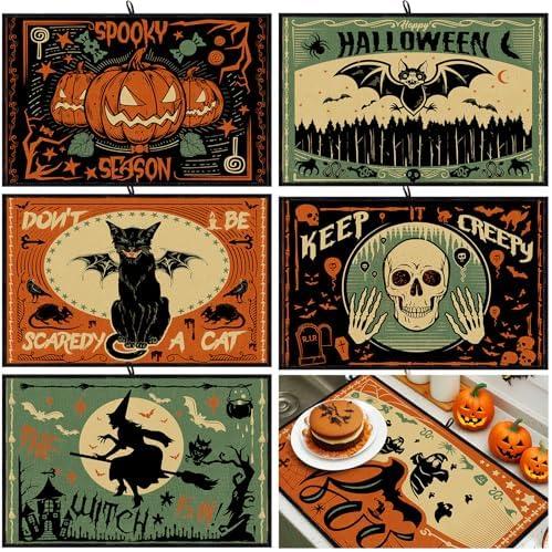 Meanplan Set of 6 Vintage Halloween Dish Drying Mats for Kitchen 24"x 16" Spooky Pumpkin Kitchen Accessories Bat Rectangle Table Mats Washable Absorbent Drainer Draining Pad for Halloween Home Decor