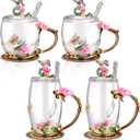 Nuanchu 4 Sets Flower Glass Tea Cups with Lids and Spoon Butterfly Vintage Glass Coffee Mugs Floral Fancy Clear Teacup for Mother Day Women Mom Wife Girlfriend(Pink,11 Oz,12 oz)