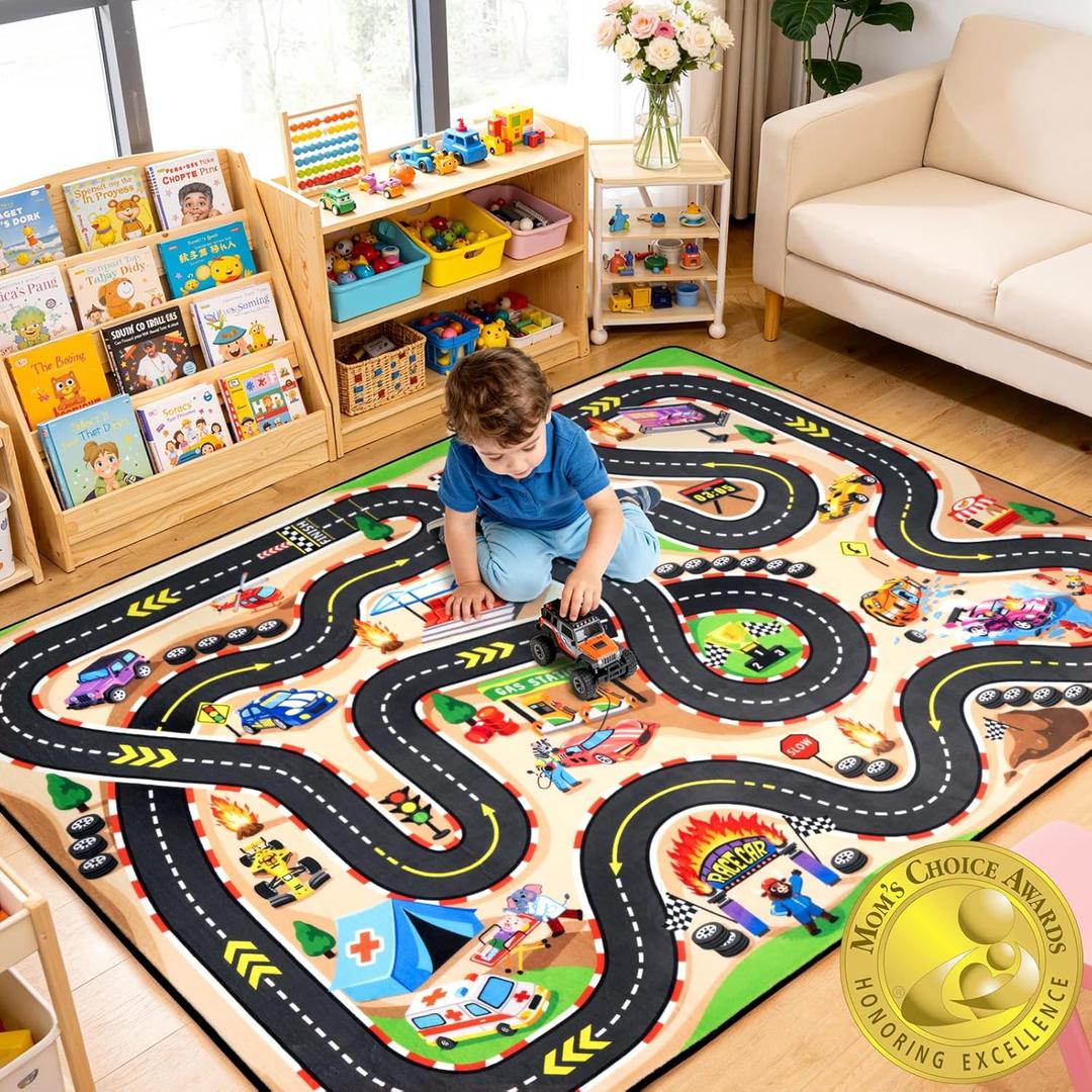 Cavorel Kids Road Rug 3x5 Ft, 0.4 Inch Thick Soft Car Track Rug with Non-Slip Backing,Race Track Baby Play Mats with 3D Cascading Surround Route, Kids Carpet for Bedroom Playroom Nursery