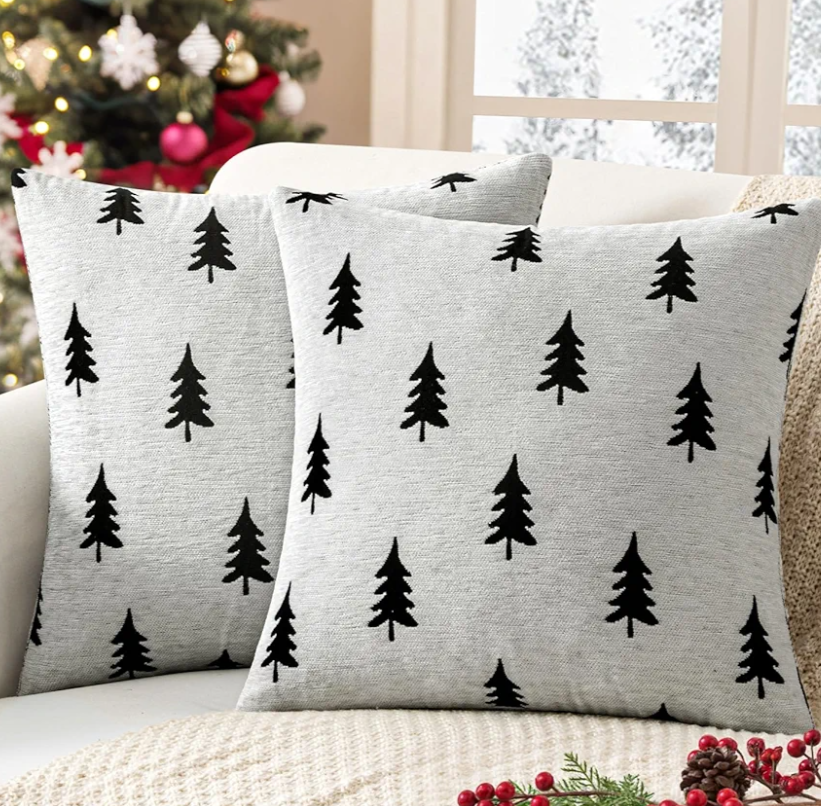 MIULEE Christmas Decorative Chenille Throw Pillow Covers, 45x45 Inch, White Black Tree, Set of 2 Cute Trees with Plaid Patterns Pillows for Sofa Couch Bedroom Chair Xmas Home Decor