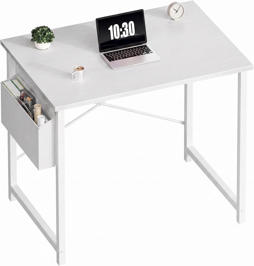 OLIXIS Small Computer Desk, 31 Inch Gaming Desks for Home Office | Writing Study Craft Work Table, Computer Workstation for Bedroom Small Spaces with Storage Bag, All White