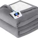Sealy Electric Blanket Twin Size, Flannel & Sherpa Heated Blanket with 10 Heating Levels & 1-12 Hours Auto Off, Machine Washable, Light Grey, 62"x 84"