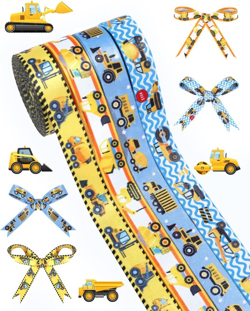 4 Rolls Construction Ribbon 40 Yards 5/8 Inch Truck Ribbon for Gift Wrapping Construction Theme Birthday Party Supplies DIY Crafts