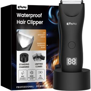 Manscape Body Hair Trimmer for Men with Ceramic Blade & LED Light, Waterproof Electric Shaver Body Groomer for Pubic Hair, Chest, Legs & Bikini, Pubic Hair Trimmer for Men Wet/Dry Use (Black With Charger Stand)