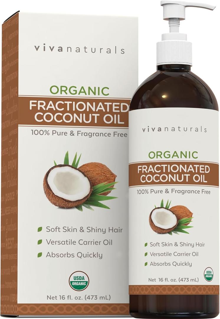 Viva Naturals Organic Fractionated Coconut Oil, 16 fl oz  Skin & Hair Moisturizer, Massage Oil, Carrier Oil for Essential Oils