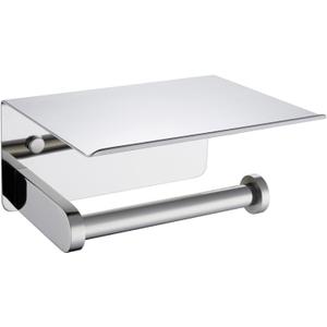 APLusee Toilet Paper Holder with Phone Shelf Polished Chrome, SUS 304 Stainless Steel Bathroom Accessories Tissue Roll Dispenser Storage Wall Mounted (Single Rod)