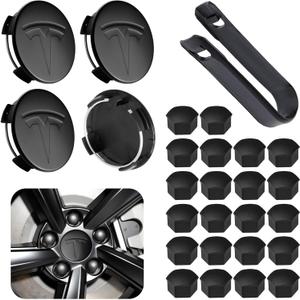 4 Pack Car Wheel Center Hub Cap Kit with 22 Lug Nut Covers, 2.2 in (56mm) Wheel Rim Covers Center Hubcaps with Emblem for Model 3 / Y, Matt Black Gray & Silver Exterior Decoration for Tesla