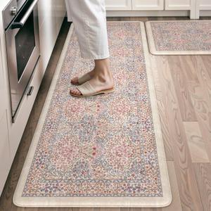 Kitchen Rugs Sets of 2 Non Slip, Blush Anti Fatigue Kitchen Mats | Waterproof Kitchen Mats for Floor Cushioned Anti Fatigue, Non Slip Sink Rug Memory Foam Comfort Standing Mat for Office, 20"x47"+20"x32"