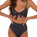 Honlyps High Waisted Bikini Sets for Women Tummy Control 2 Piece Swimsuit Cheeky Coverage Bathing Suit Tie Knot Swim Suit (Large, Black Dots)
