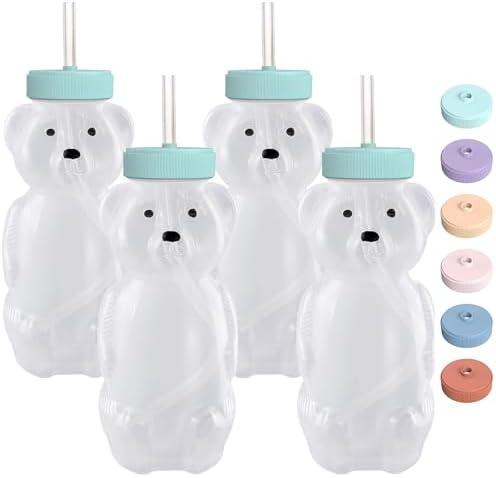Honey Bear Straw Cups for Babies - 4 Pack, 8oz Straw Bear Cup with Improved Safety Lid Design - Leak-Proof & Food-Grade & BPA Free