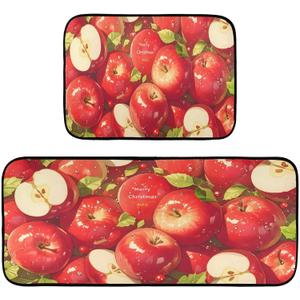 Red Apples Kitchen Rugs Set of 2, Kitchen Floor Mats Bathroom Non Slip Washable Carpet Doormat - 27"x19"+47"x19"
