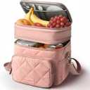 Lunch Bag Women Double Layer Lunch Bag Puffer Insulated Lunch Box Waterproof Bottom Large Lunch Box for Women for Work or Travel,Pink
