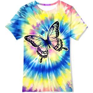 SunFoucs Girls Kids Shirts Size 5-12 Tie Dye Casual Tshirt Short Sleeve Crewneck Tee Top (8-9 Years, Butterfly 04)