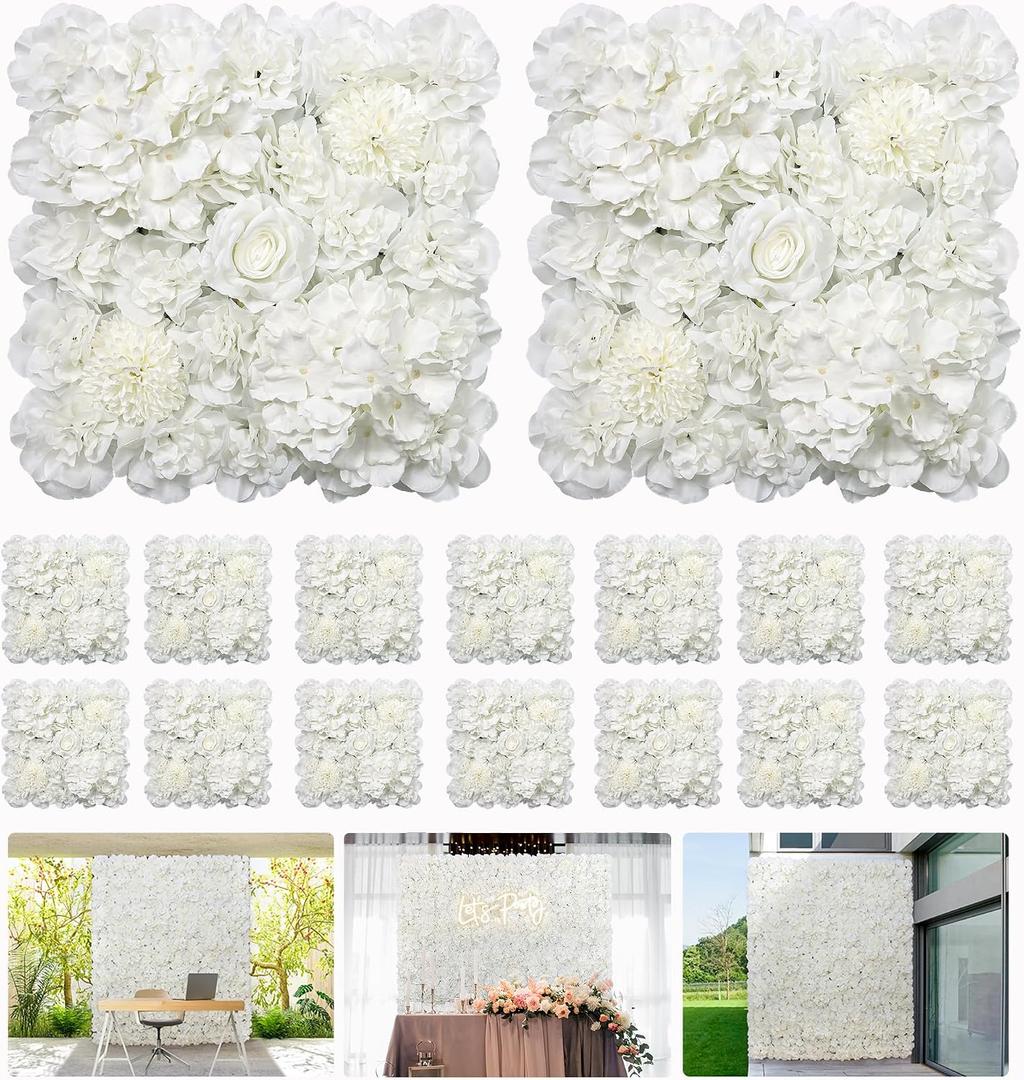 3D Flower Wall Panel 16pcs Artificial Floral Background-White