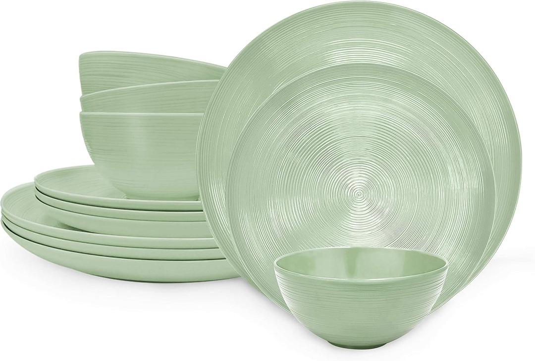 Zak Designs Dinnerware Sets for Indoors and Outdoors, 12 Pieces Melamine Plastic Plates and Bowls for Dinnertime with Family (American Conventional Sage)
