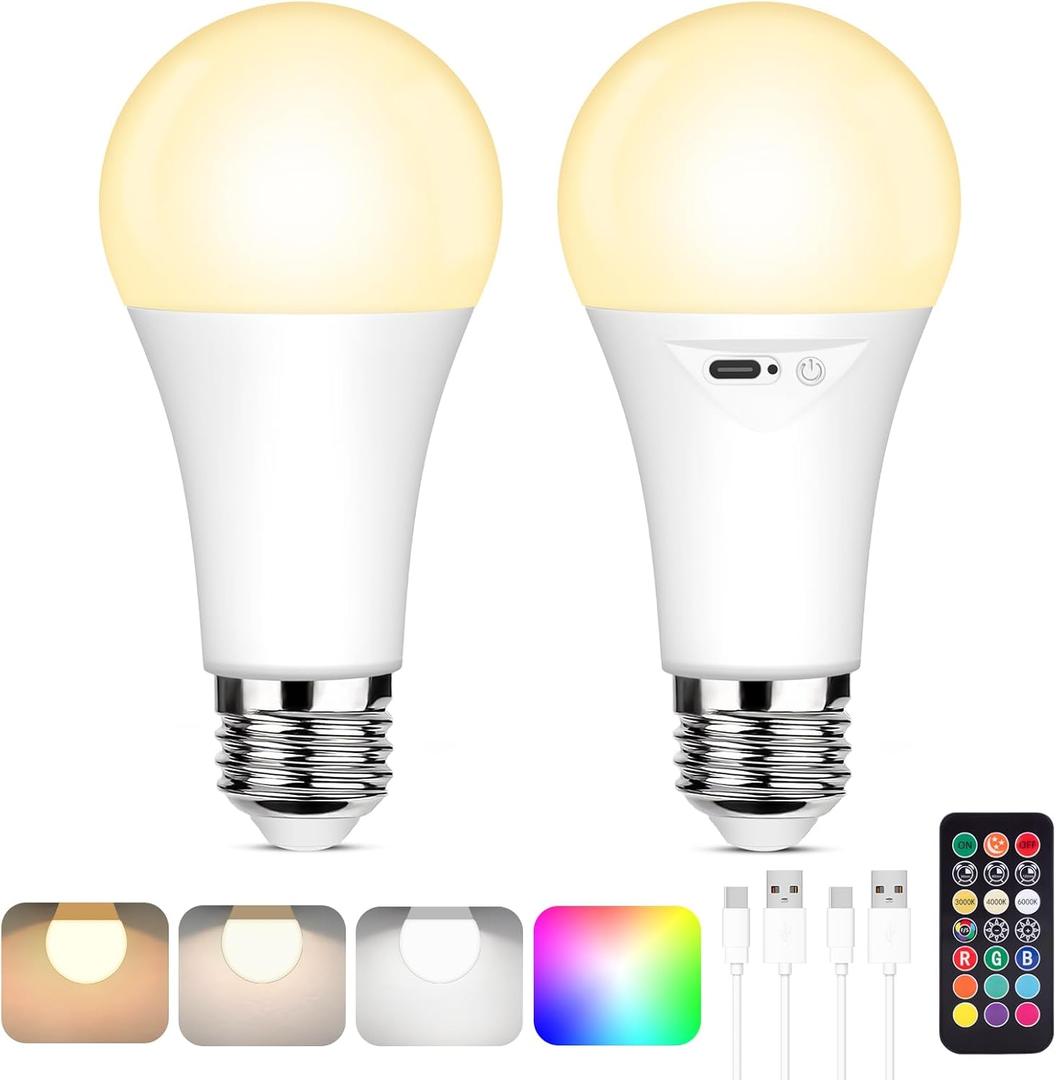 Yochoice Rechargeable Battery Operated Light Bulb with Remote Control, Dimmable LED A19 Bulb with 9 Colors Selectable & 3 Timer, Wireless Light Bulb for Wall Sconce, Non-Hardwired2 Pack