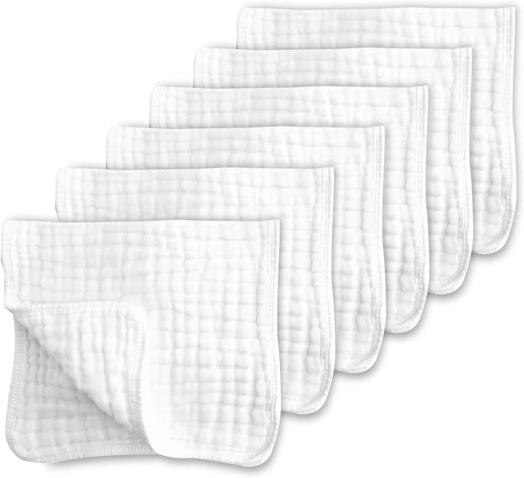 CottCare Muslin Burp Cloths for Baby 100% Cotton Large 20''X10'' 6 Layers Thicken Super Soft and Absorbent (6 Pack,White)