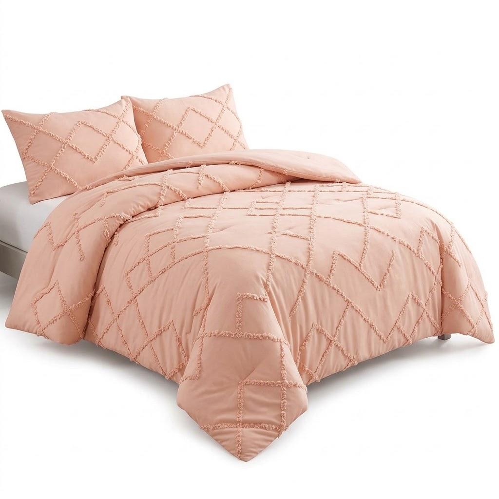 Sasttie Full Size Comforter Set, 7-Piece Bed in a Bag, Pintuck Bedding Set for All Season, Includes Comforter, Flat Sheet, Fitted Sheet, Pillowcases and Pillowshams, Rose Gold