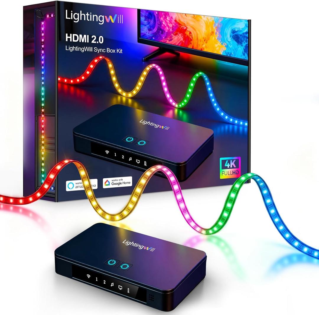 LightingWill HDMI 2.0 Sync Box LED TV Backlight Strip Kit, 4K@60Hz Screen Sync RGB-IC Lighting for 75-85 Inch TVs, Compatible with Alexa Google Home PS5 Xbox, 16.4Ft, 72 LEDs/m
