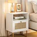 Rattan Nightstand, Boho Night Stand Farmhouse Wood Bedside Table with Storage and Open Shelf, End Side Accent Table for Bedroom,Living Room,White (Normal)