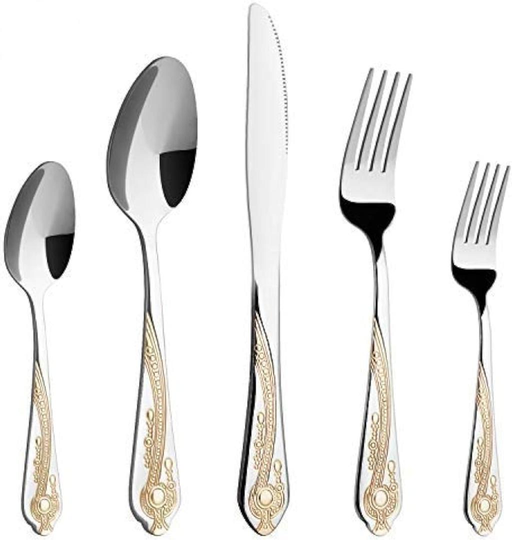 Gold Silverware Set, 20 Piece Stainless Steel Golden Flatware Set for 4, Silver Tableware Set with 24K Gold-Plated Trim, Eating Utensils, Great for Family Gatherings & Daily Use (Prestige)