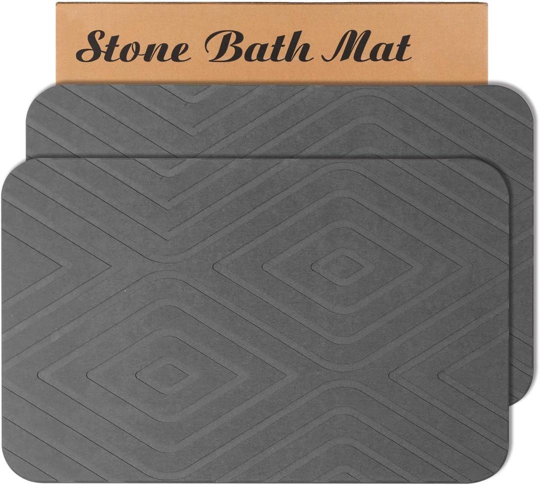 2 Pack Stone Bath Mat, Diatomaceous Earth Shower Mat, Non-Slip Super Absorbent Quick Drying Bathroom Kitchen Floor Mat, 24x15, Grey (1'3" x 1'11" (Rectangular))