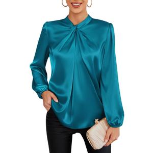 GRACE KARIN Women's Long Sleeve Satin Blouse,Mock Neck Work Silk Shirts,Dressy Tops for Business Casual Office (Medium, Peacock Blue)