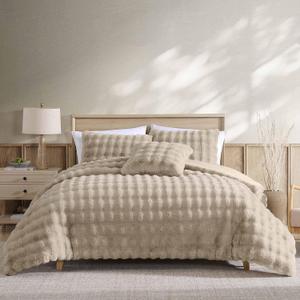 Riverbrook Home Wavy Faux Fur Comforter Bedding Set, Full Queen Size, Textured Decorative Décor, Taupe, 4 Pieces