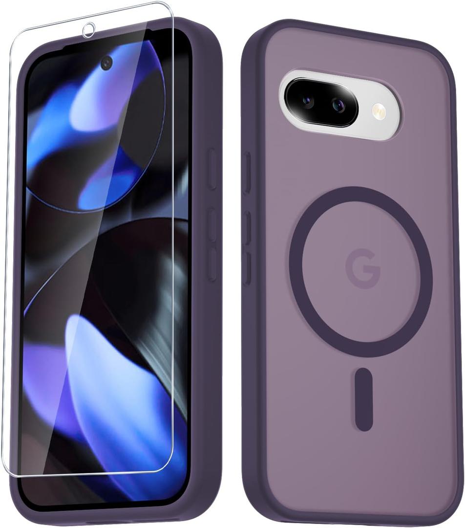 LATVIN Phone Cover for Google Pixel 9a Case | with 1 Screen Protector, Compatible with MagSafe, Magnetic, Military Grade Protection, Translucent Matte Frosted Back, Purple