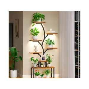 Plant Stand Indoor with Grow Lights, 25.6" Wide 64" Tall Corner Plant Shelf, Wooden Lighted Plant Holder Stand, 8 Tiered Large Plant Flower Display Shelves, Plant Rack for Living Room