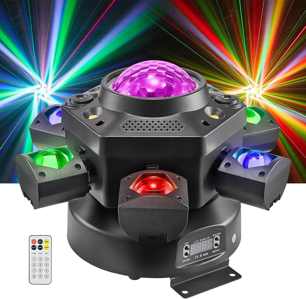 Moving Head DJ Lights, Rualin 120W Stage Light 4 in 1 with RGBW 6 Arms Beam, Kaleidoscope Light, Red Green Starry and White Amber Strobe, Remote & DMX Control for Disco Club Party DJ Stage Lighting