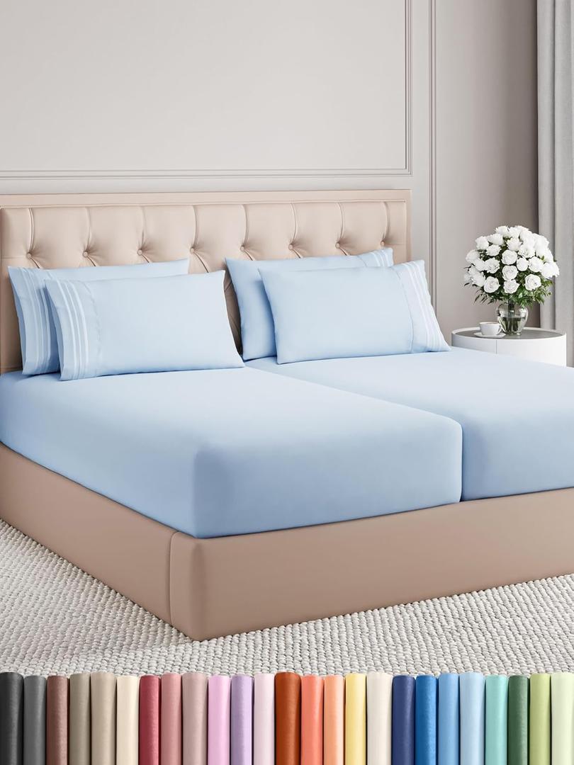 Split King 7 Piece Sheet Set - Comfy, Breathable & Cooling - Soft Hotel Luxury Bedding for Women, Men, Kids, Teens and Children - 1 Flat & 2 Fitted Sheets & 4 Pillowcases with Deep Pockets - Sky Blue