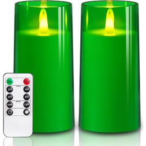 NURADA Flickering Flameless Candles: Built-in Star String Acrylic Battery LED Pillar Candles Candles with Remote and Timer for Home Party Weddings Christmas Halloween Decor -Green 2 Pack