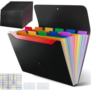 10 Pack Accordion File Organizer with Labels, 13 Pockets Expending File Folder, Binder for Document Storage, Classroom, Office, Home Use, Black