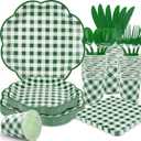 175 Pcs Green Gingham Plates and Napkins Party Supplies - Green and White Checkered Plates Sets Serve 25 Guests - Scalloped Gingham Paper Plate for Picnic BBQ Golf Party Decorations