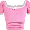 Milumia Girl's Cute Y2K Ribbed Lace Trim Bow Short Sleeve T-Shirts Ruched Square Neck Tee Tops 8Y