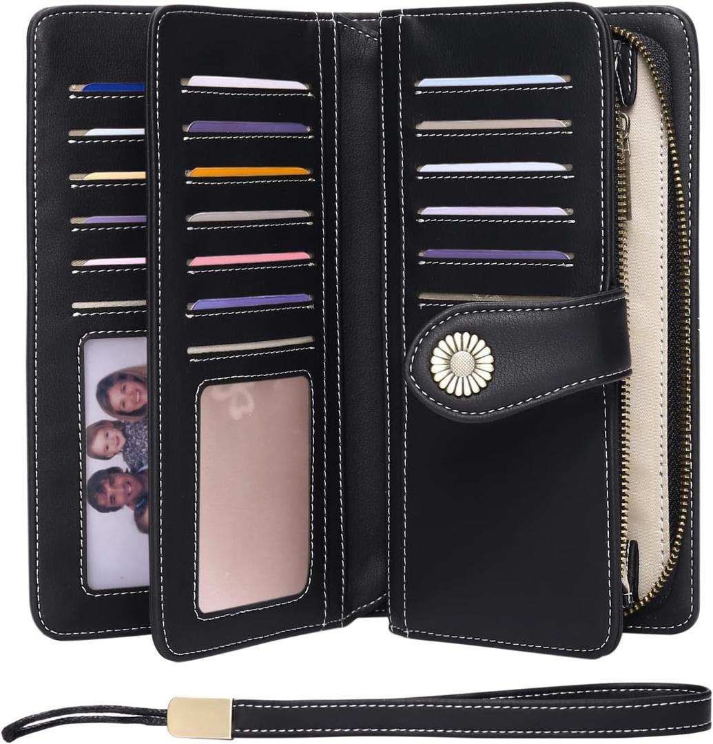 FALAN MULE Women Genuine Leather Wallet Large Capacity Bifold RFID Blocking Card Holder with Zipper Coin Pocket (AA-Black)