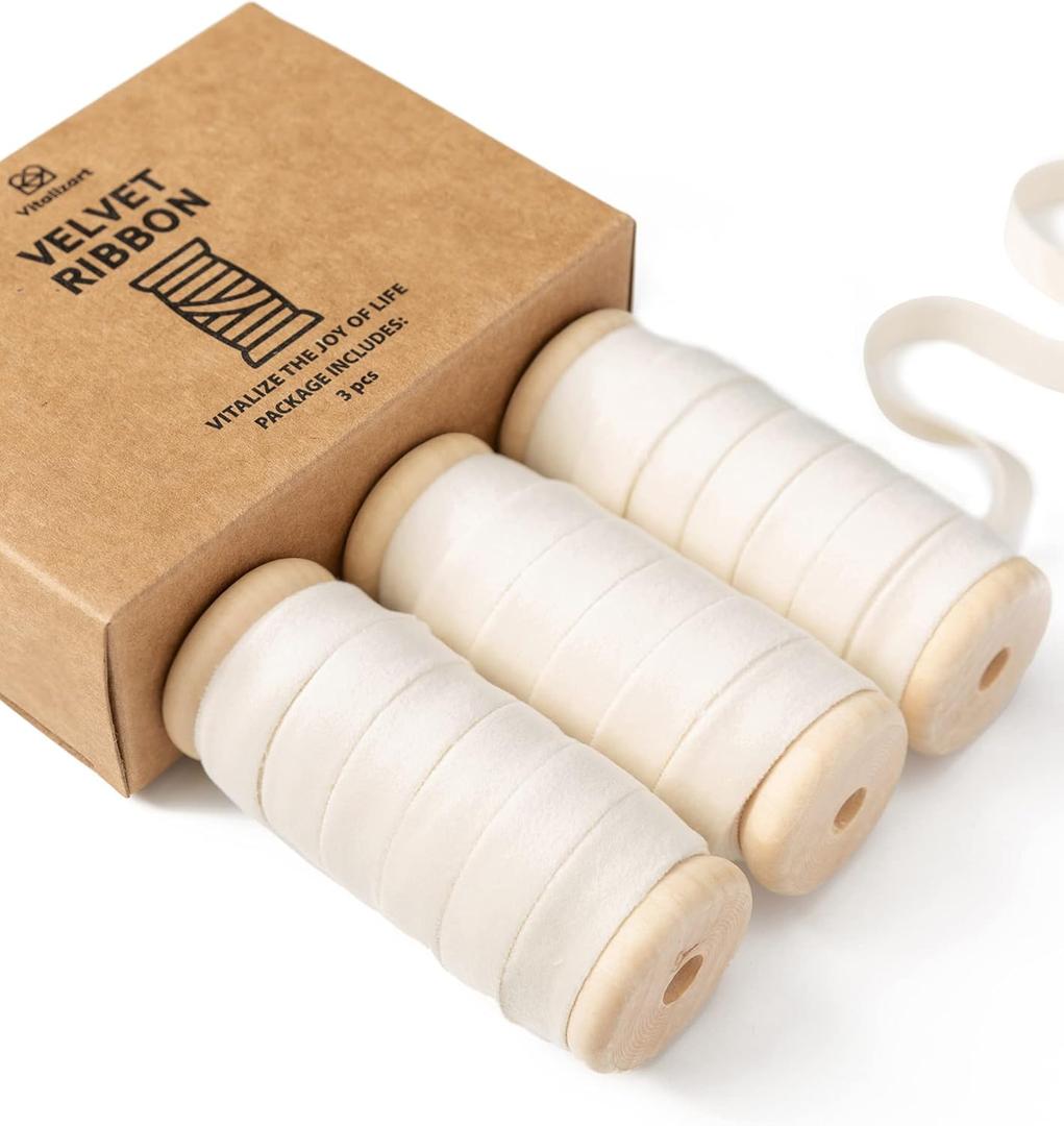 4 x Vitalizart Ivory Velvet Ribbon Set 3/8" x 15 Yd Wooden Spool Fabric Trim 3 Rolls * 5 Yd for Christmas Wreath Decoration Handmade Craft Ornaments Gift Wrapping & Bow Making