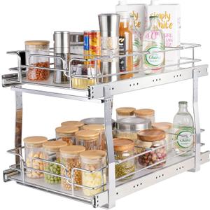 VEVOR 2 Tier 12.7" Wx21 Dx3.1" H Pull Out Cabinet Organizer, Heavy Duty Slide Out Pantry Shelves, Chrome-Plated Steel Roll Out Drawer for Under Sink, 11.8" Wx20.3" Dx3.1"H Install Size for Cabinet