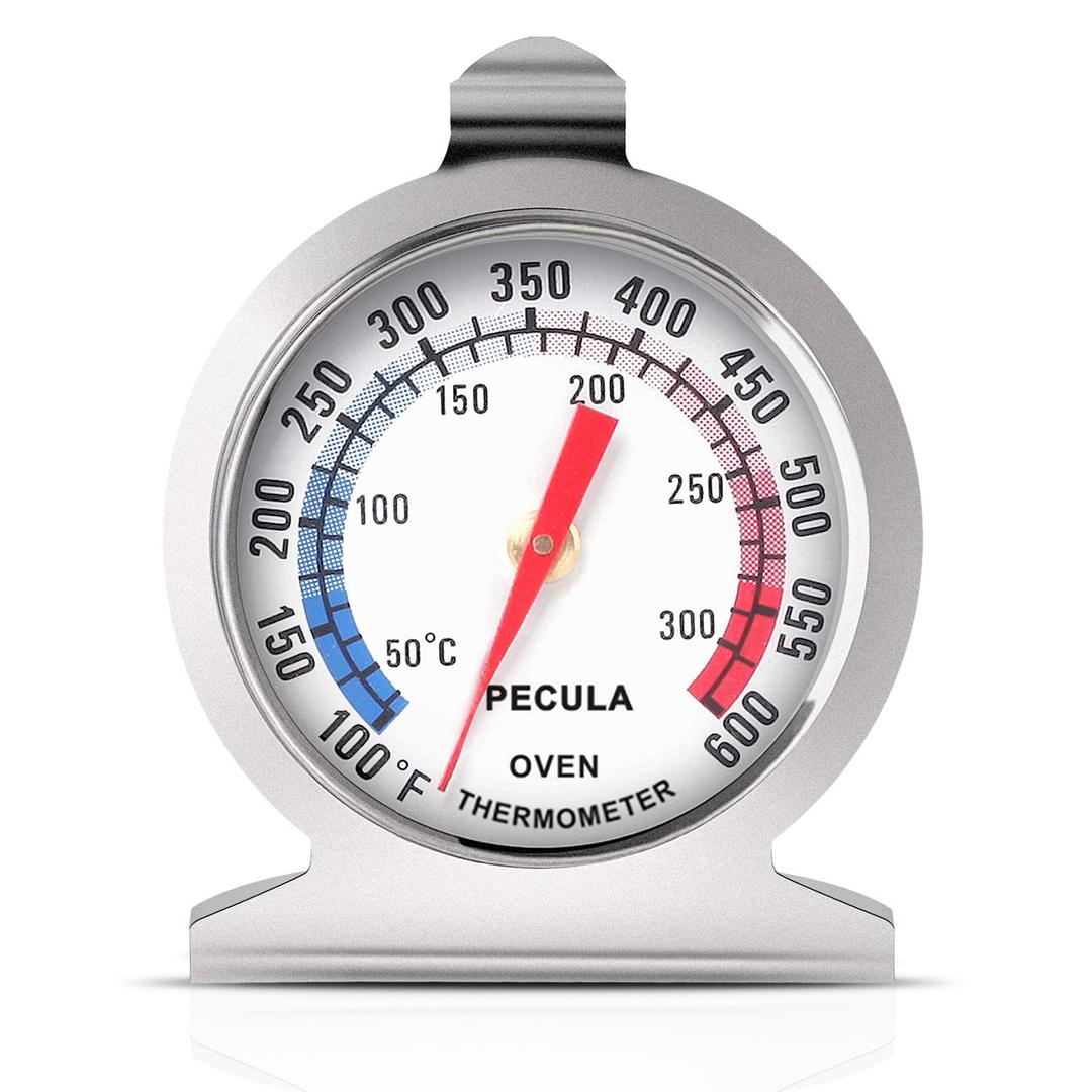 PECULA Stainless Steel Oven Thermometer 50-300C/100-600F, Analog Instant Read, Battery-Free Kitchen Cooking Thermometer, Hook & Stand Design Food Thermometer for Oven, Grill, Smoker, Fryer (1Pack)
