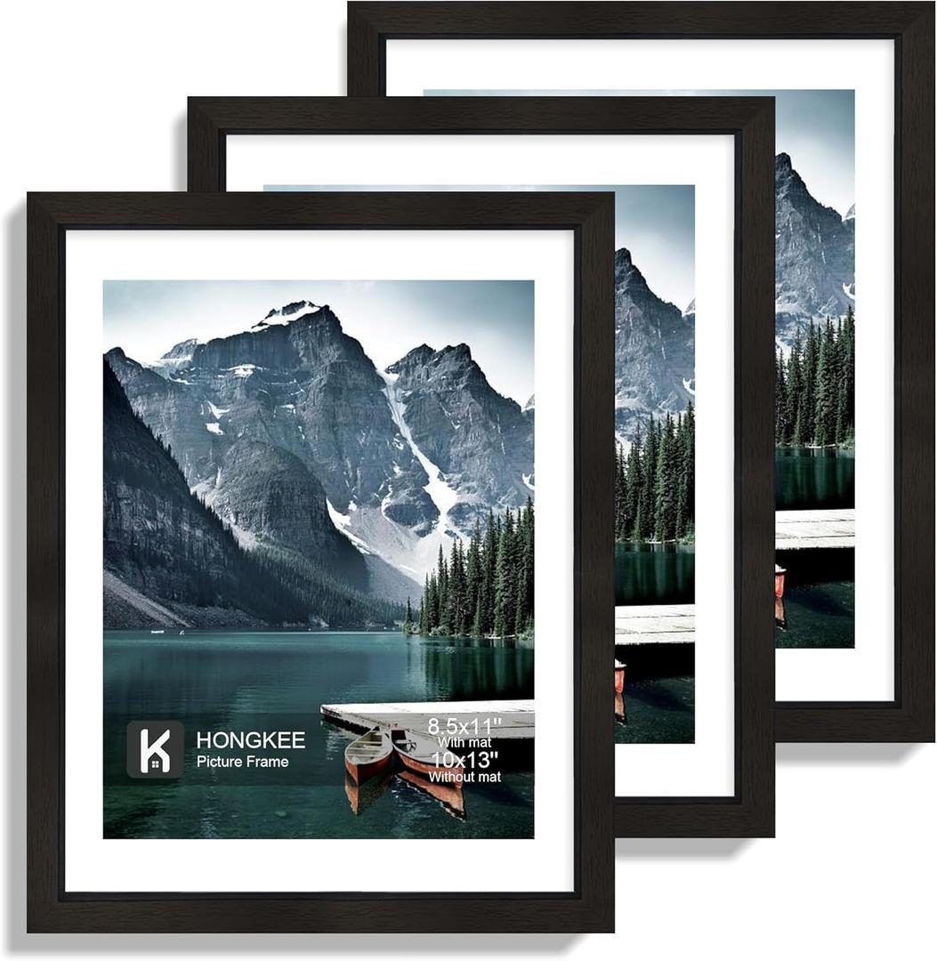10x13 Picture Frames with Real Glass - Display 8.5x11 Diploma with Mat or 10 x 13 Photo without Mat, Wall or Table Top Display(Black, 3 Pack)