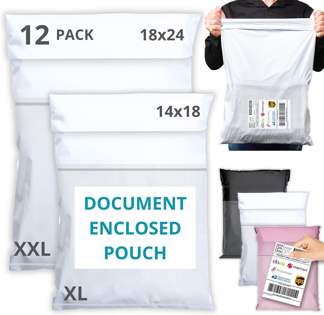 Shipping Bags (12 Pack) with Label Pouch - 14x18 & 18x24 - Poly Mailers for Clothes, Self-Seal Plastic Mailing Envelopes - Tear & Water-Resistant Packaging Bags for Clothing, Not Padded (White)