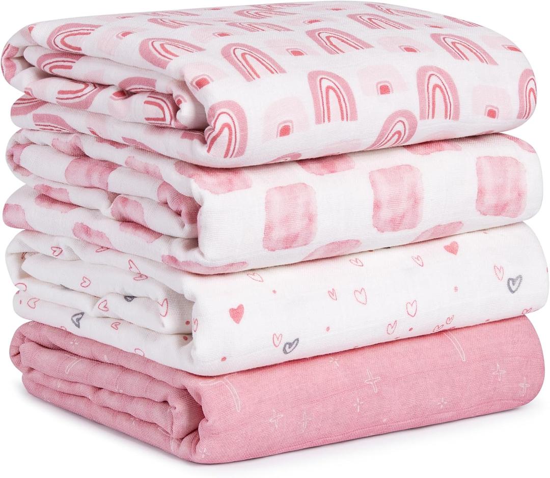 Muslin Swaddle Blankets for Newborn, 4 Pack Cotton Baby Blanket, Large 31.5 x 43.3 Breathable Soft Receiving Blankets Girl, Essentials Swaddle Wrap Burping Clothes, Pink Rainbow factory sealed
