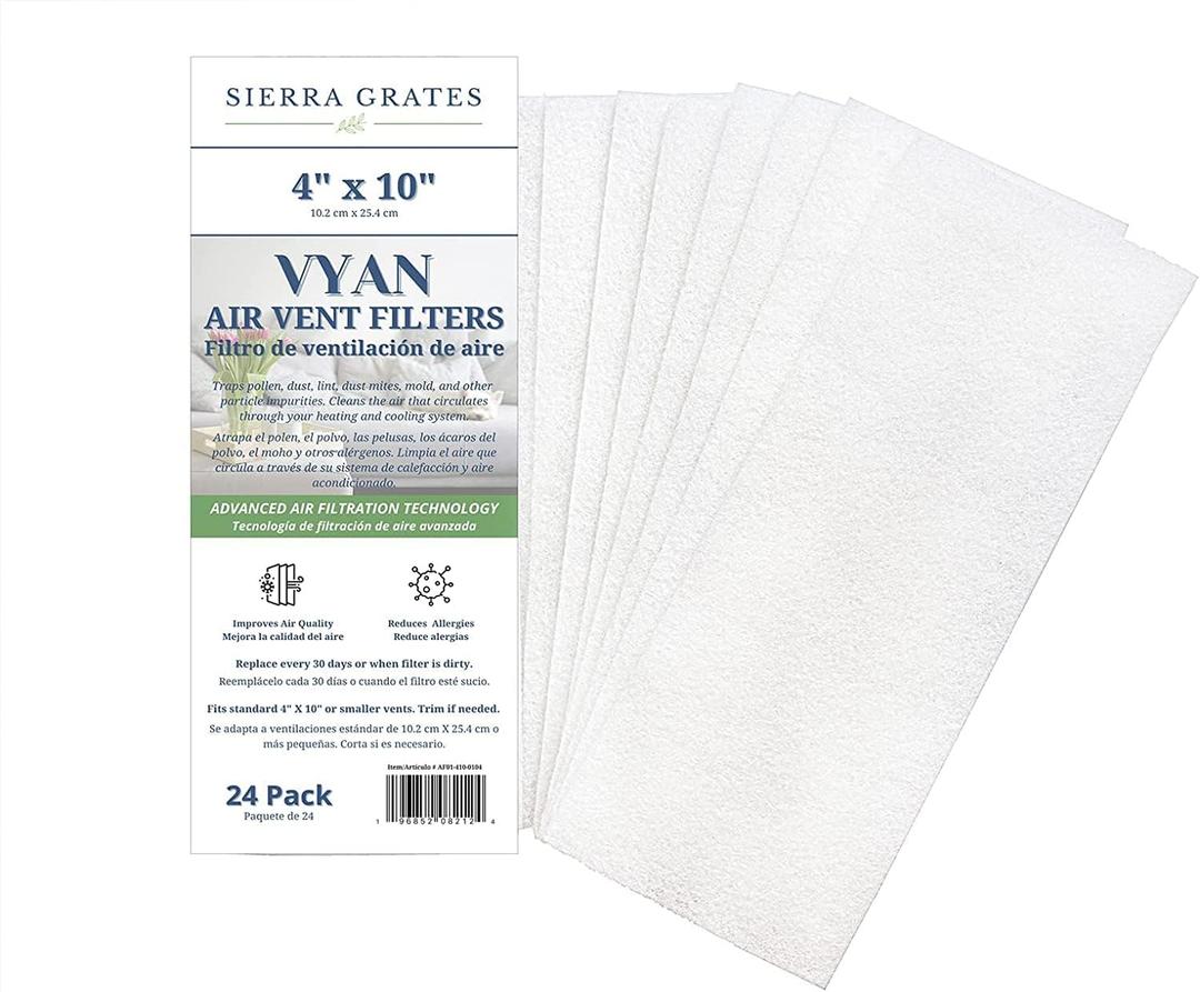 Sierra Grates Premium Air Vent Filters for Home - 4" x 10" MERV 8 Electrostatic Filters by Sierra Grates | Trap Dust, Dirt, Smoke, Pollen, Hair - 90 Day Filtration (24 Pack)