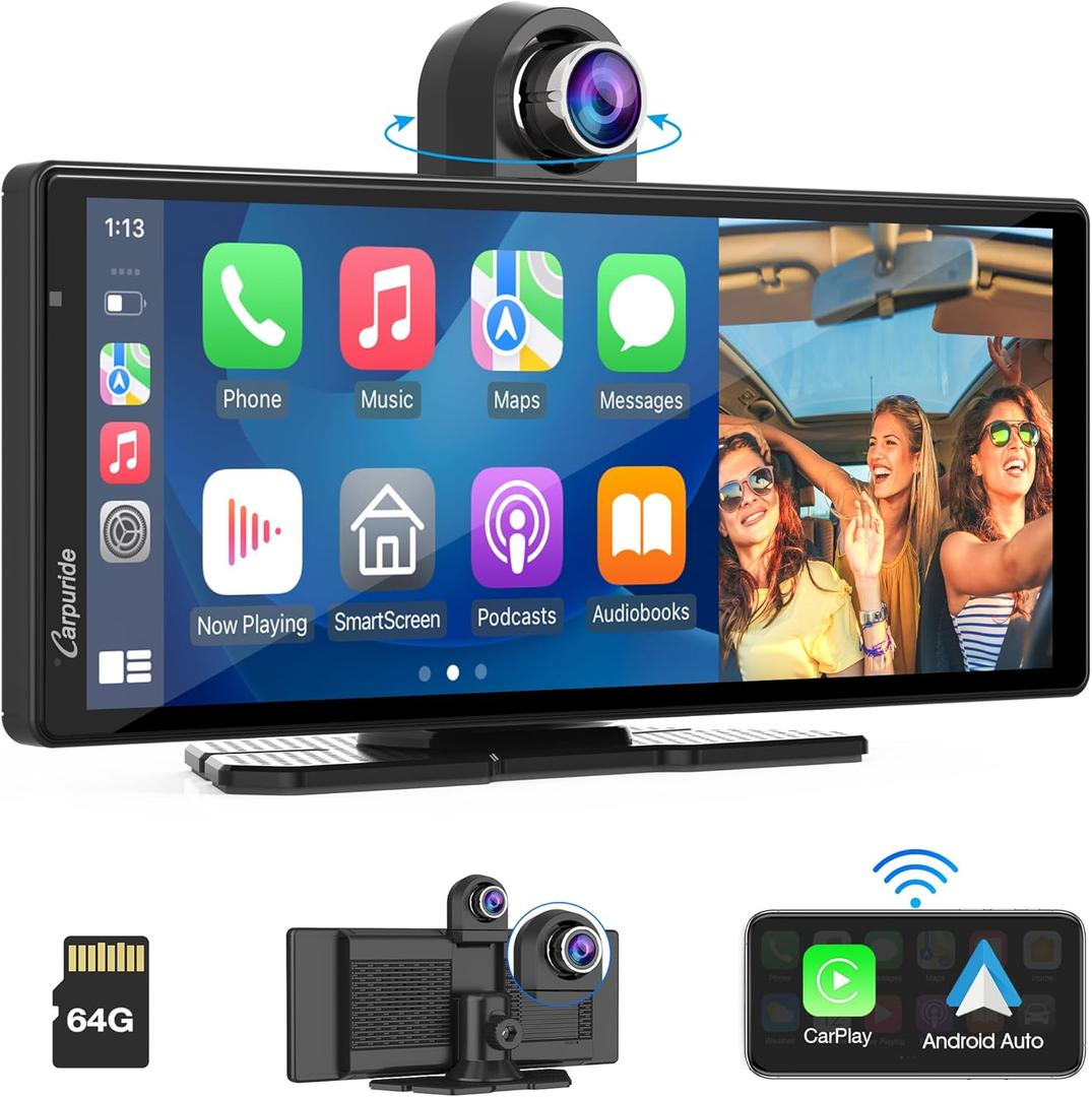 Carpuride 4K W903 Portable Wireless Carplay & Android Auto with Dash Cam - 9.3" HD IPS Screen, 4K Front Camera, Loop Recording, Bluetooth, Mirror Link, GPS, Siri, Dashboard Mounted
