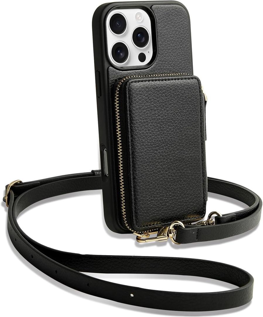 ZVE for iPhone 16 Pro Wallet Case with Card Holder, Zipper Crossbody Case with Wrist Strap for Women for iPhone 16 Pro 6.3" Black