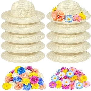 90 Pcs DIY Straw Hats 10 Pcs Tea Party Hats for Girls and 80 Artificial Flowers for Tea Party Birthday Decoration