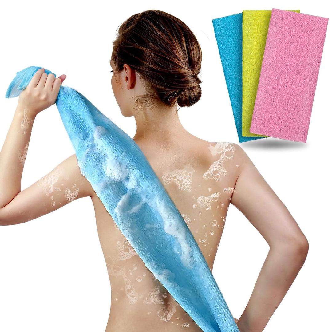 ARCH&M Exfoliating Washcloth Body Scrubber - 35-Inch Japanese & Korean-Style Back Scrubber Towel for Daily Use in Shower, Textured Poly Nylon Body Washcloth for Smoother-Looking Skin, Quick-Dry 3 Pack