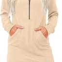 PrinStory Women’s Casual Dresses | Fall Winter Long Sleeve Half Zip V Neck Pullover Tunic Sweatshirt Dress with Pockets S-2XL (Beige, XL)